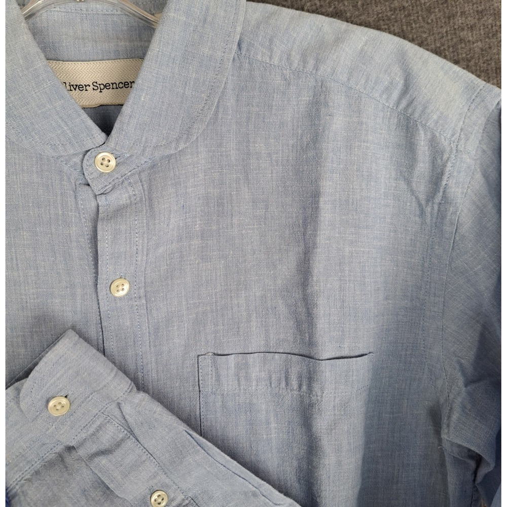 Oliver Spencer Shirt Mens Size 14.5 Blue Cotton Linen Button Up Pocket Formal